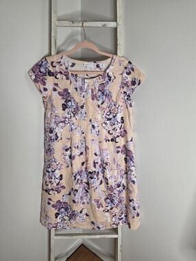 J.Jill Women's Small 100% Linen Pleated Floral Short Sleeve Dress